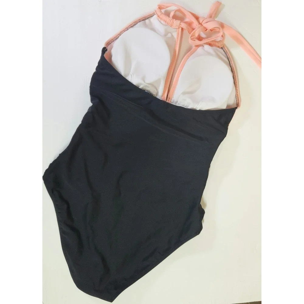 One Piece Swimsuit Women's Black and Pink Cut Out Halter Tie Neck Ruched S beach